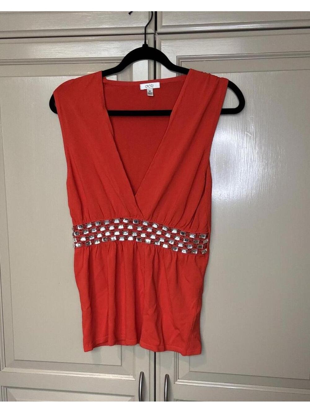 Caché Red Plunging V-Neck Sleeveless Top Rhinestone Embellished Waist Medium